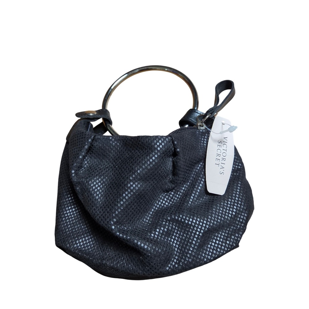 Victoria's Secret Metallic Dot Mini Bag Black Silver Ring Handle 1827 NWT